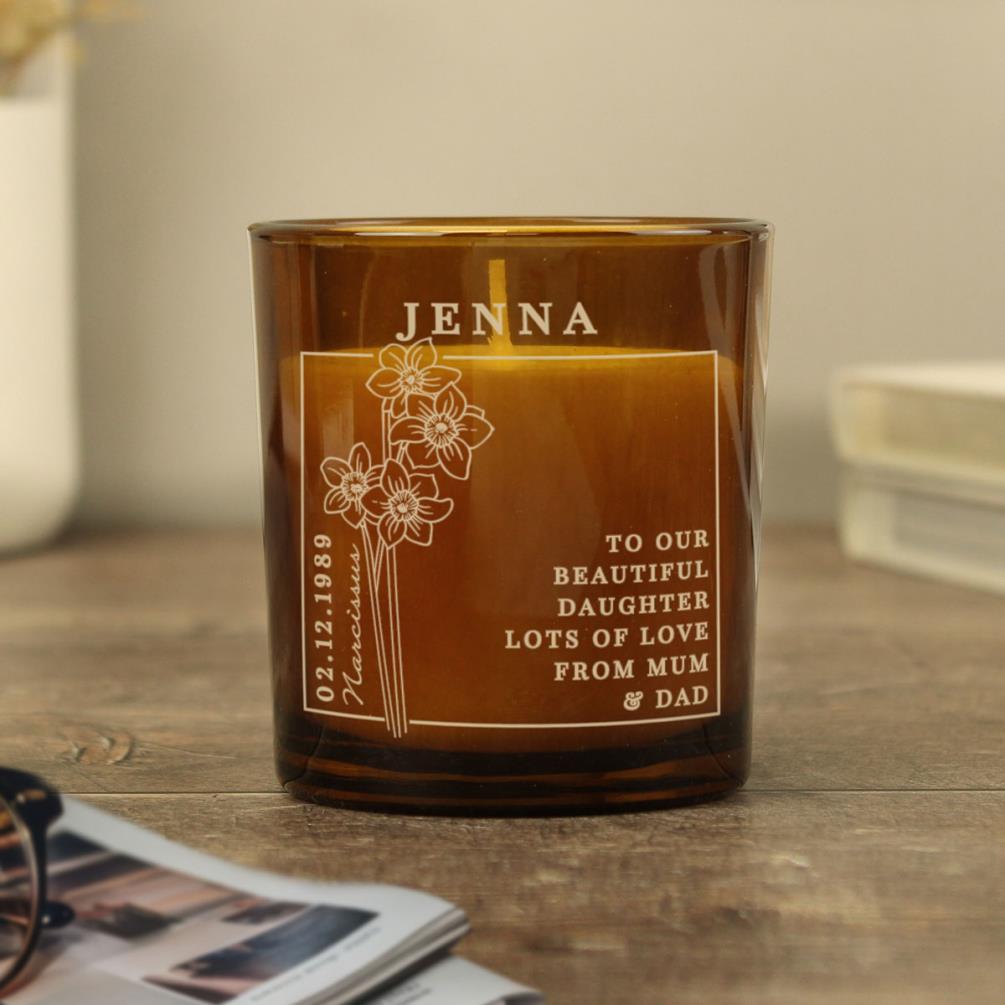 Personalised December Narcissus Birth Flower Amber Glass Jar Candle Extra Image 1